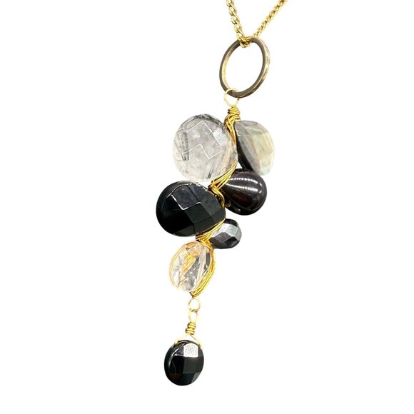 Quartz Stone Black Beaded Wire Pendant Y Drop Chain Necklace Gold Tone - Picture 3 of 8